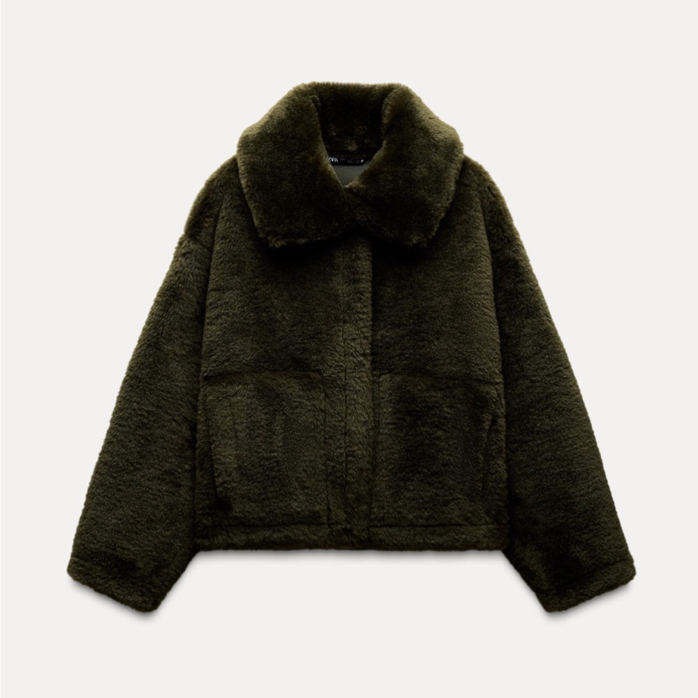 ZARA FAUX FUR JACKET ZW COLLECTION 3548/254 XS DARK GREEN KHAKI TEDDY COAT